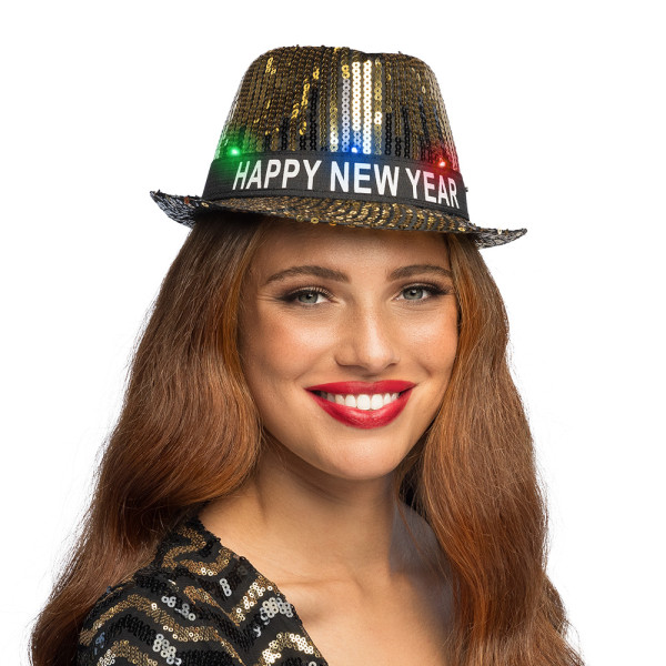 Sombrero de Happy New Year de color Oro con LED´s para Adulto