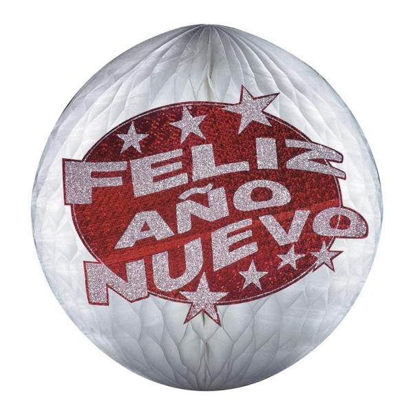 Bola Panal de Feliz Año Nuevo de 25 Centímetros con Purpurina Roja