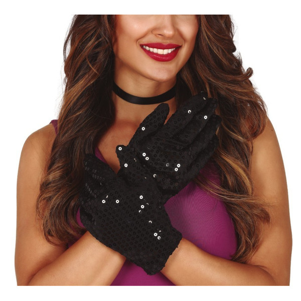 Guantes de color Negro de 22 Centímetros con Lentejuelas para Adulto